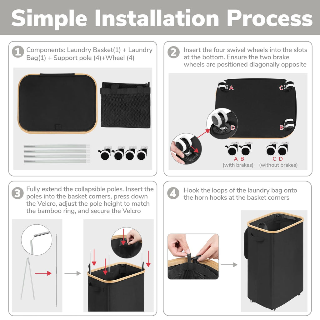 100L Large Rolling Laundry Basket with Wheels and Lid, Black