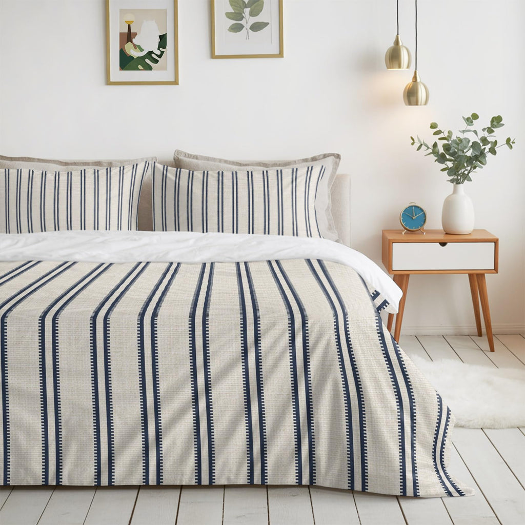 Blue Ticking Stripe 4 Piece Duvet Cover Set, Coastal Vertical Lines Khaki Comfort Bedding Set Include 1