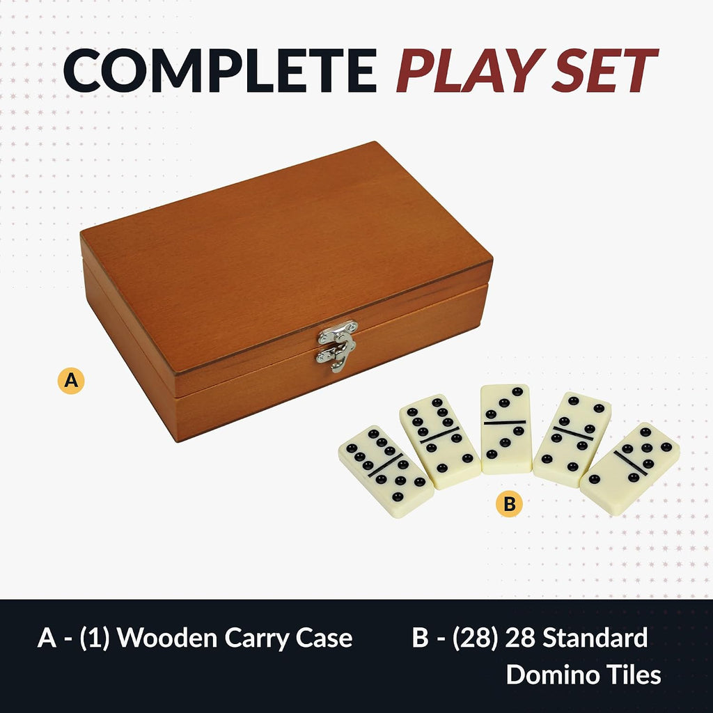 Premium Dominos Set - with Wooden Carry Case, 28 Double-Six Ivory Dominoes with Black Pips, Felt-Lined Walnut Case &