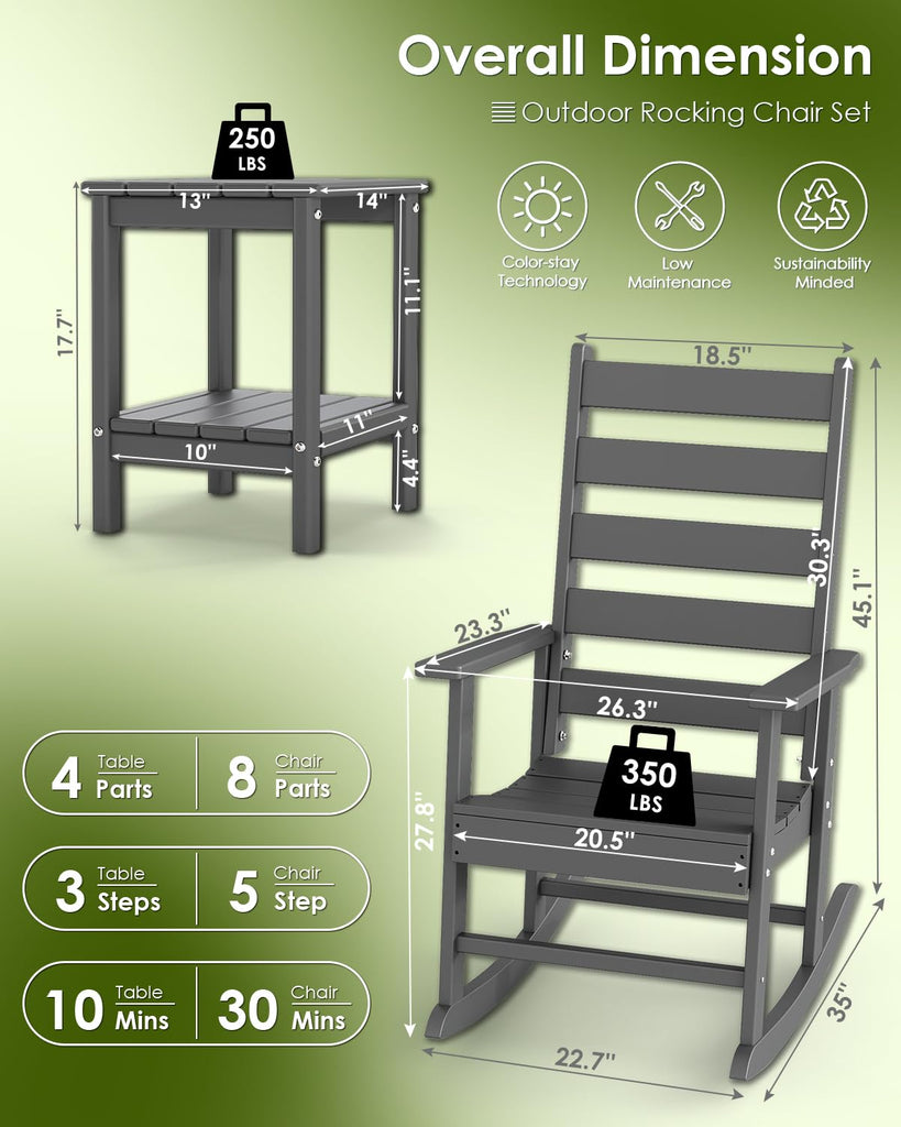 Outdoor-Rocking-Chair Set | 3-Piece | 2 Rocking Chairs with 1 Side Table | HDPE Plastic | Patio Rockers | Porch