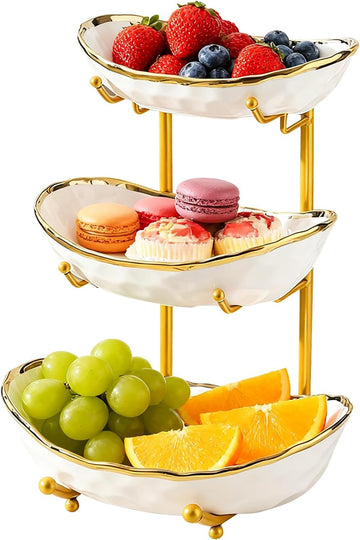 3 Tier Fruit Bowl Ceramic Metal Stand Tiered Serving Tray White