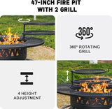 47 Inch Fire Pit with 2 Grills, Outdoor Extra Large Fire Pit for Outside