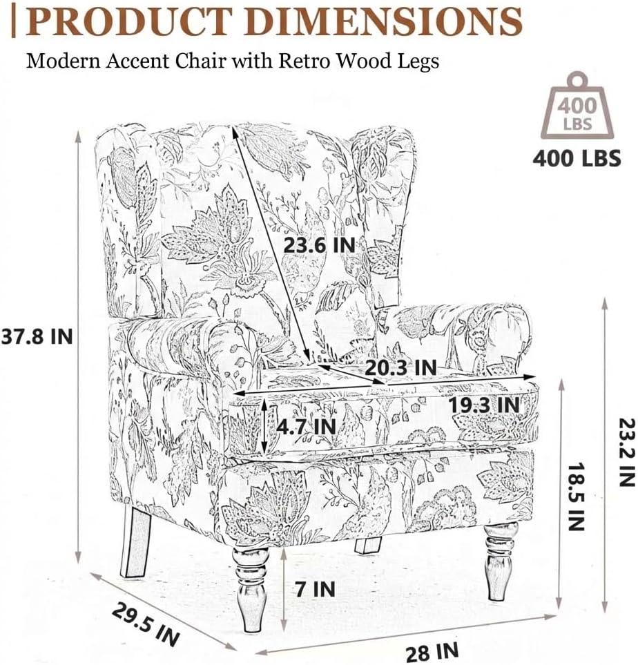 Wingback Chair with Arms (Floral Bird, A) | Floral Accent Chair|Occasional Side Chair with Tall Back|Ticken Seat