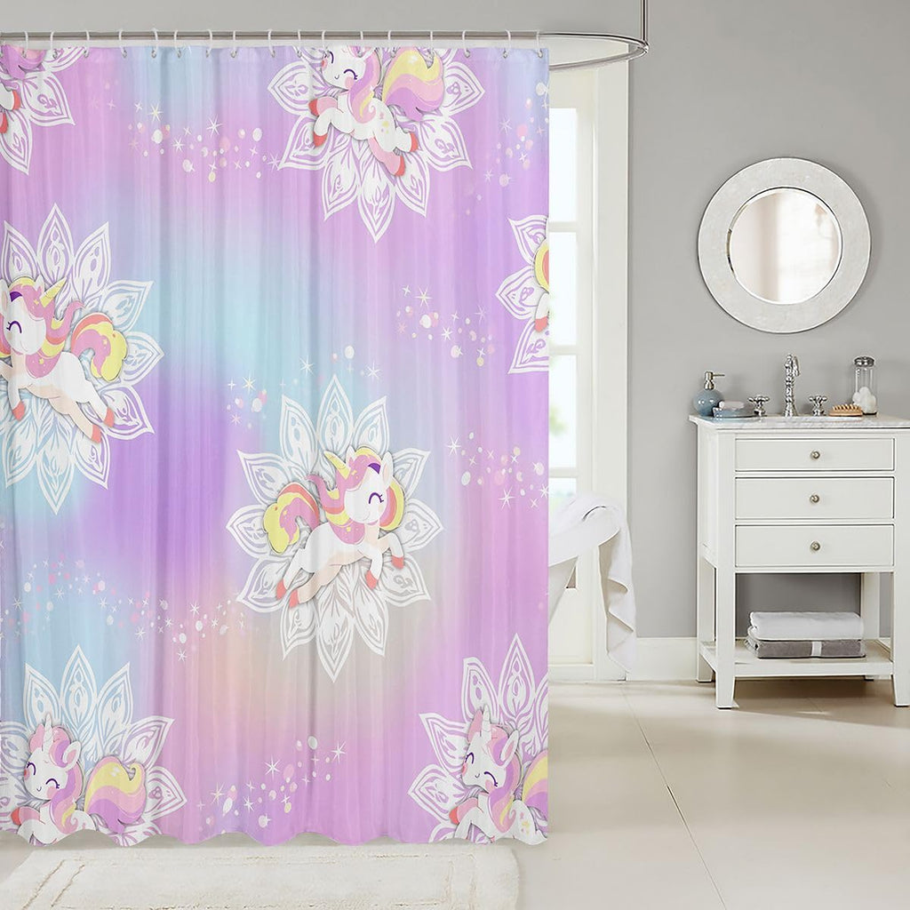 Rainbow Unicorn Bathroom Shower Curtain Sets For Girls, Pink Girly Glitter Bath Curtain 72" W X 72" L Sparkle Galaxy