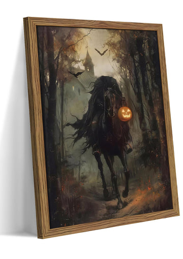 Framed Vintage Halloween Wall Art, Gothic Pumpkin Headless Horseman Wall Decor, Dark Academia Artwork Canvas