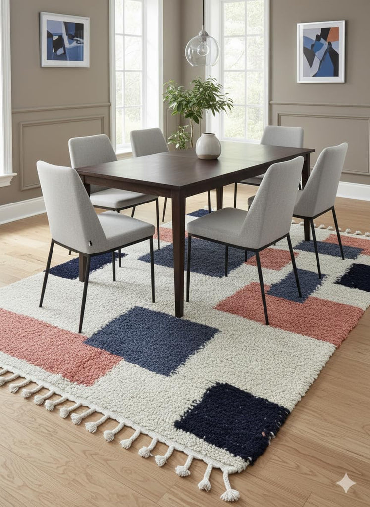 Wool Area Rug 6' x 9' - Handmade Berber Shag, Modern Geometric Color Block Design, Ivory/Cream with Navy and