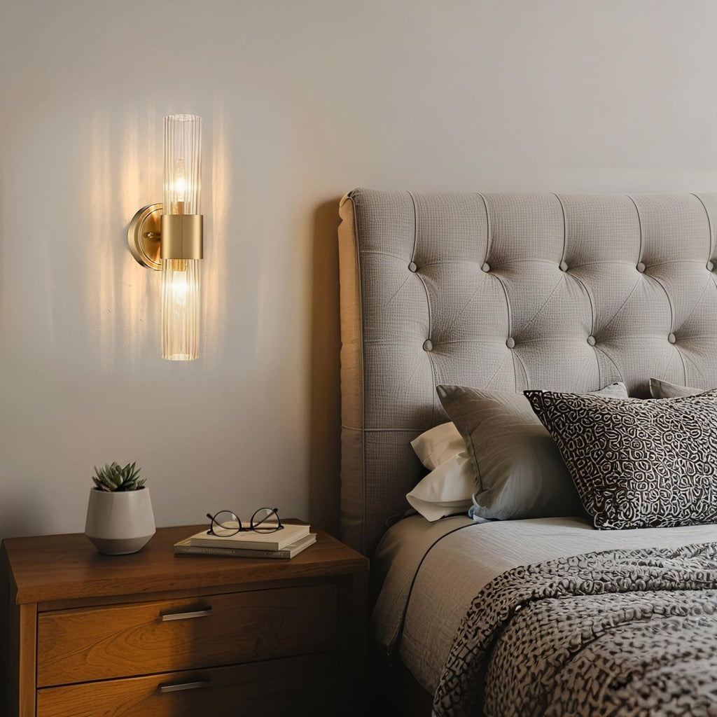 Modern Gold Wall Sconce with Crackle Reeded Glass Shade | Gold 2-Light Wall Light, E12 Indoor Wall Lighting for