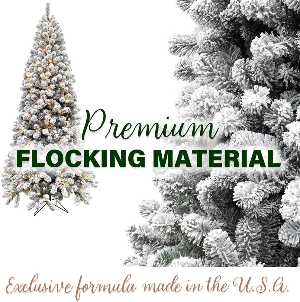 Alaskan Flocked Christmas Tree, Tall, Faux Tree with White Incandescent Smart Lights, Lights with Easy to