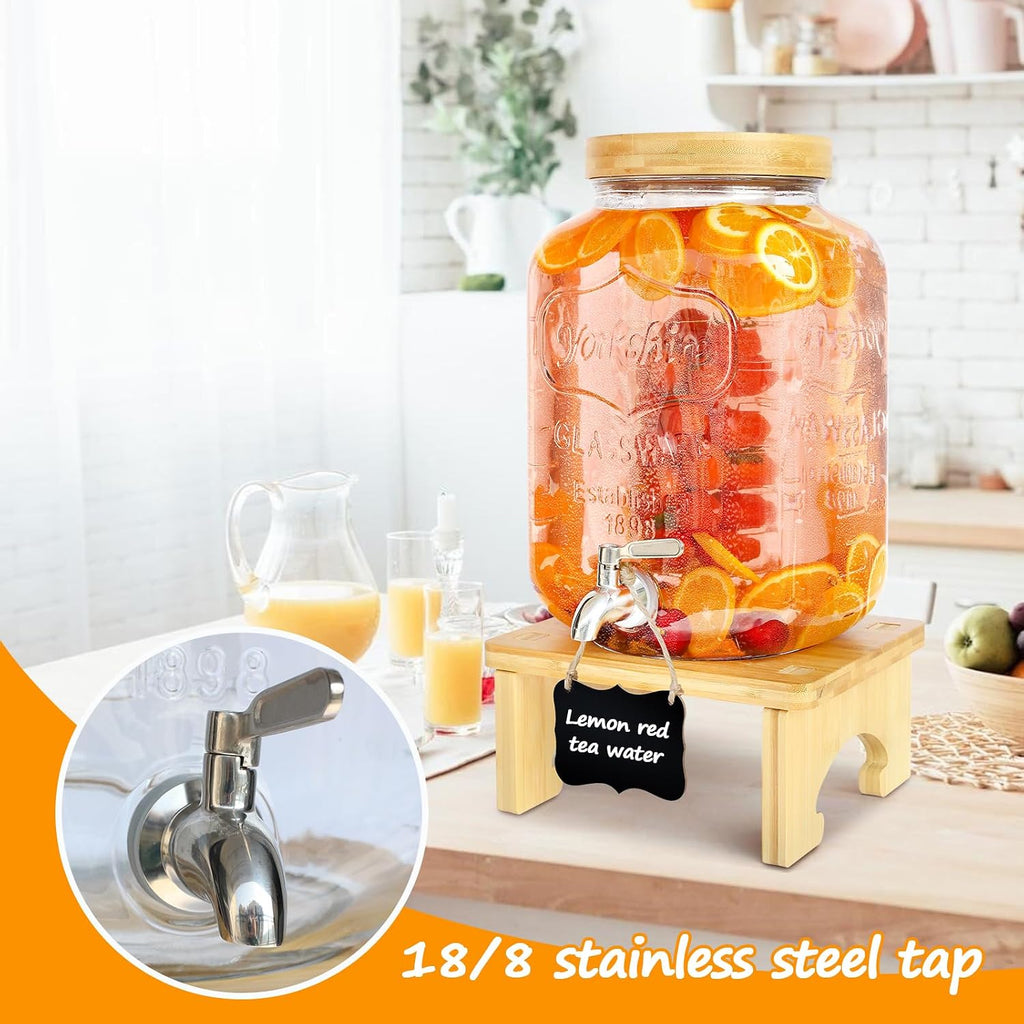 2 Gallon Drink Dispenser with Stand, With Wood Stand, 18/8 Stainless Steel Spigot and Labels Large Water Drink