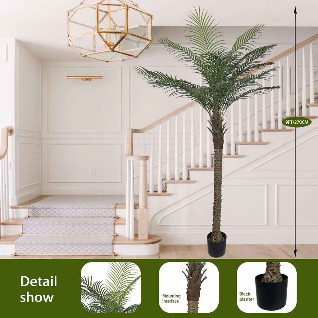 9ft Artificial Palm Tree for Outdoor/Indoor, UV Resistant Faux Palm Tree with Real Bark, 108" Large Fake Silk Tree in