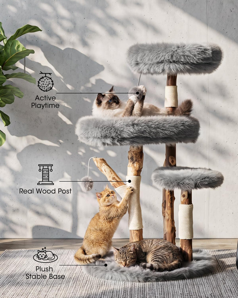 Solid Wood Cat Tree, Boho Modern Cat Tree Tower with Real Branch