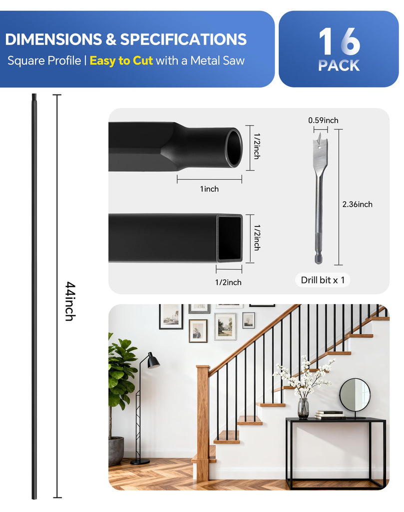 16 Pack Iron Balusters for Staircase Interior, 44 Inches Square Hollow Metal Balusters, 1/2" Wrought Iron Stair Hand