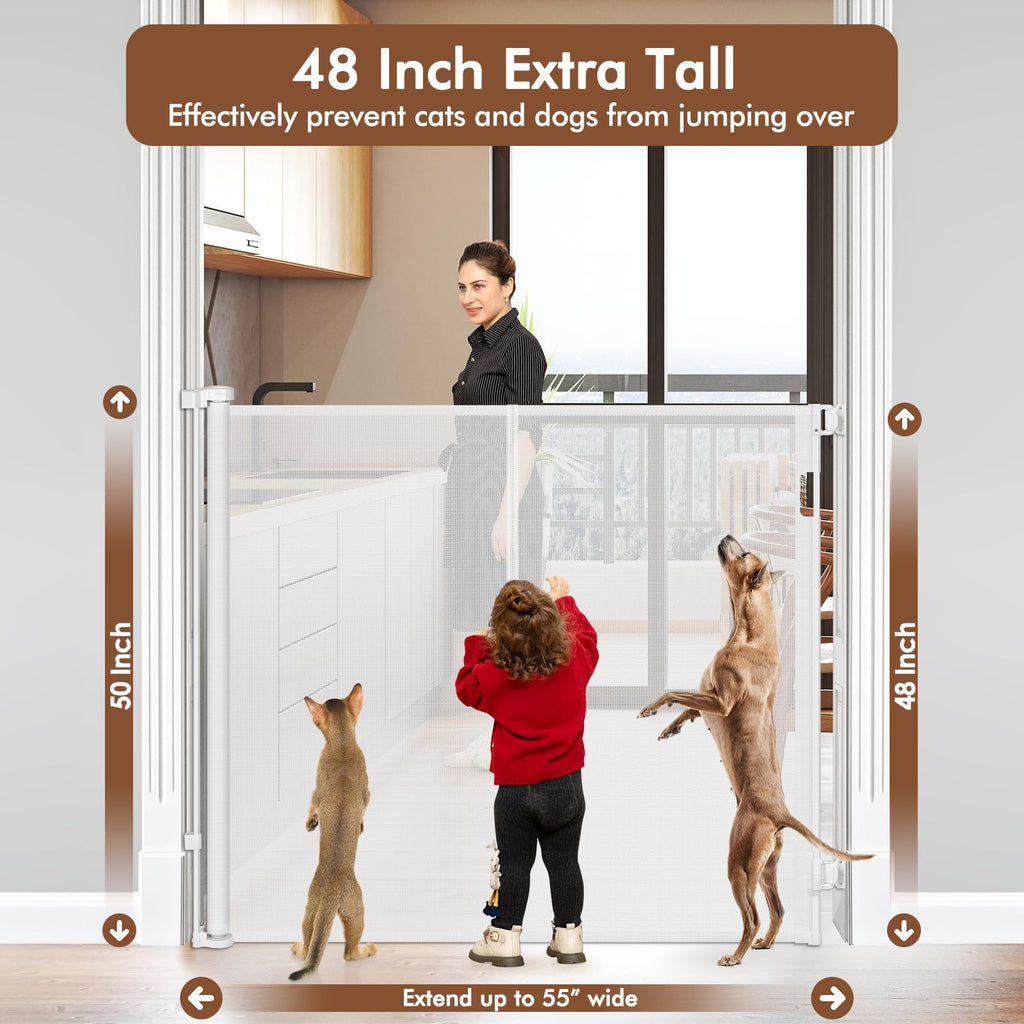 Reinforced 48" Extra Tall Baby Gate with Support Rods, 4 Ft Tall Retractable Gate for Dogs 55" Wide Pet Gates for