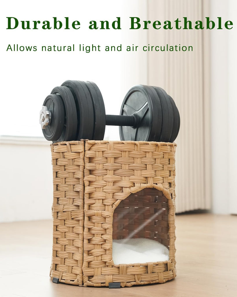 Cat House for Indoor Cat, Small Handwoven PE Rattan Kitten Cave