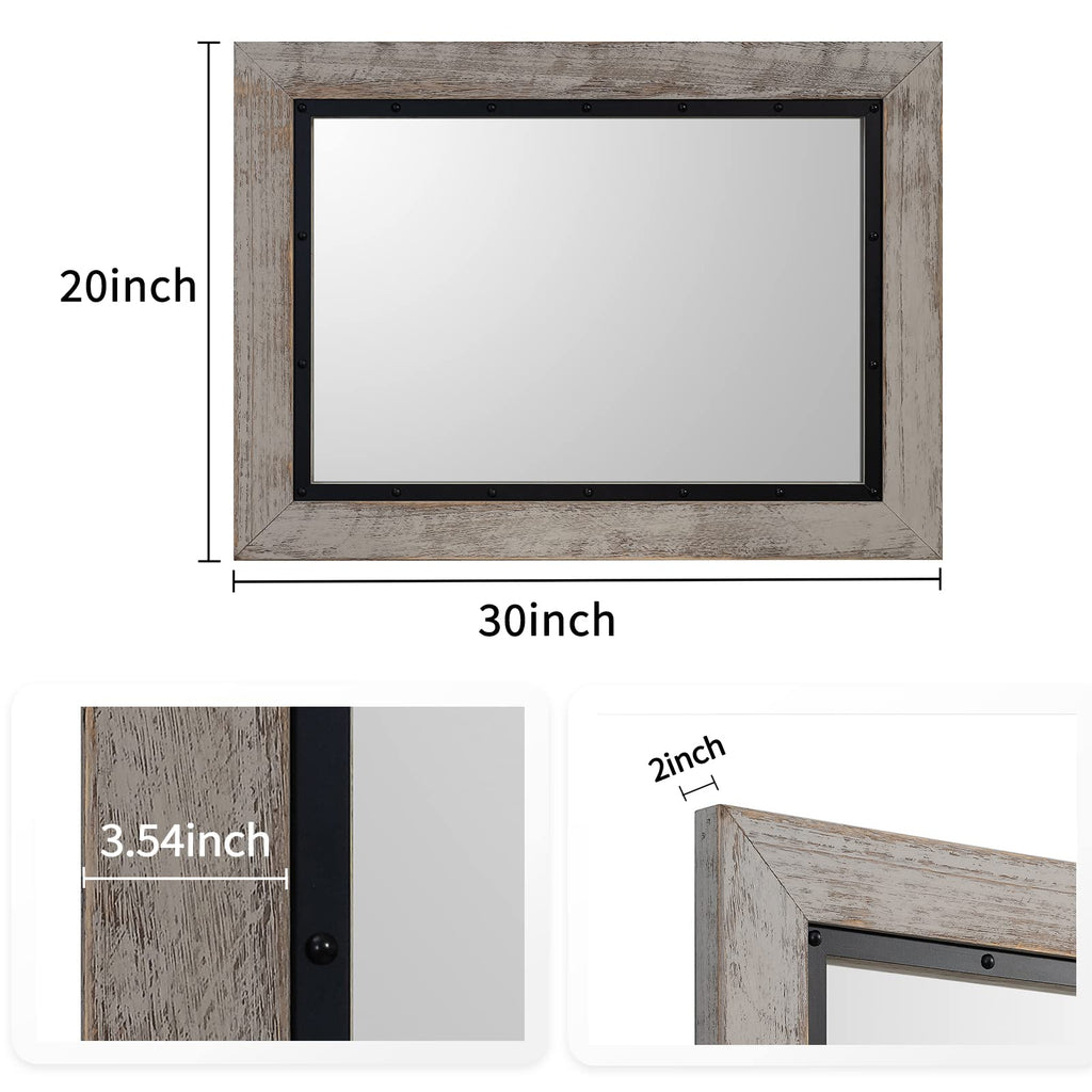 Rustic Wooden Framed Wall Mirror, 30"x20", Natural Wood and Iron Bathroom Vanity Mirror for Farmhouse Decor, Vertical