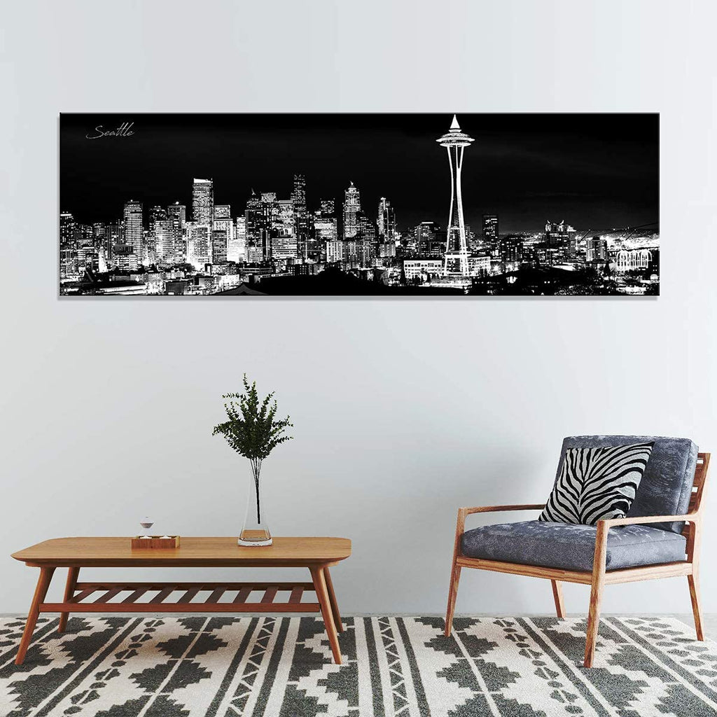 Seattle Skyline Wall Black and White Washington Cityscape Picture Space Needle Panoramic Artwork Urban Building