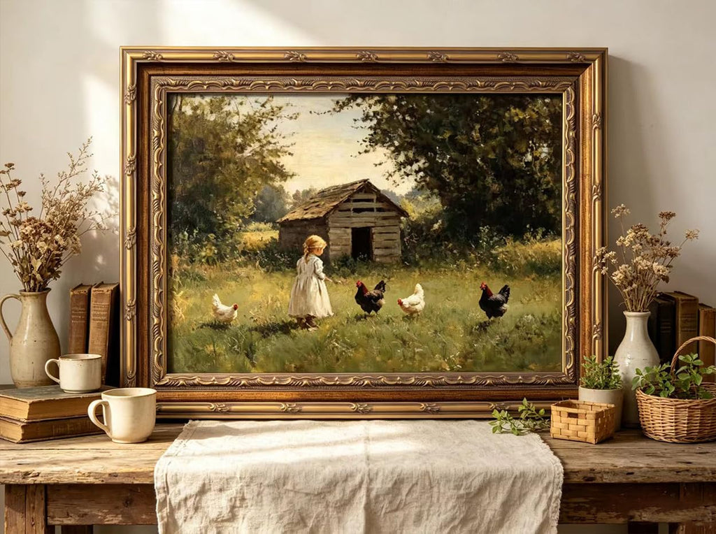 Vintage Gold Framed Farmhouse Chicken Wall Art Retro Country Farm Girl and Chicken Canvas Wall Decor Retro Rustic