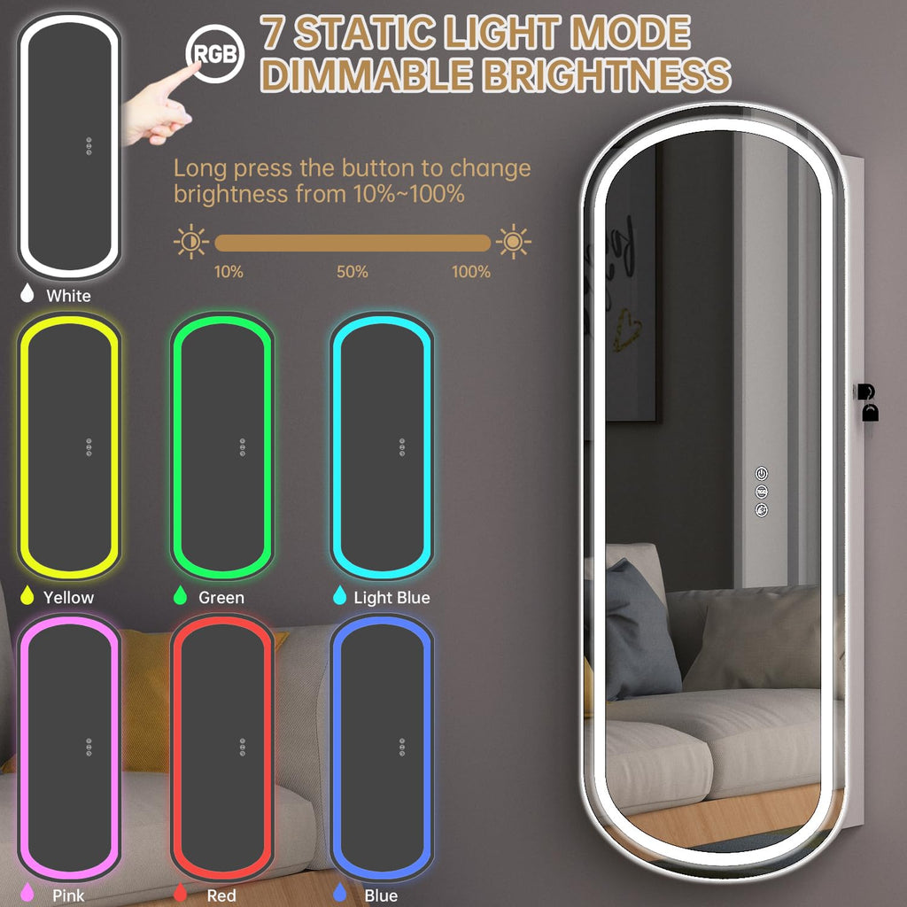 LED Jewelry Cabinet Wall/Door Mounted, RGB Lighted Mirror Jewelry Armoire Organizer Over the Door Full-Length Lockable