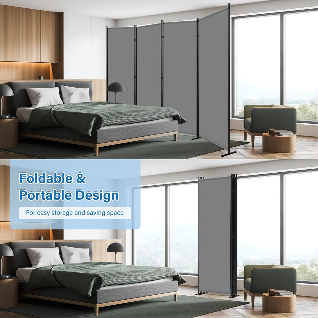 4 Panel Room Divider, 88" W x 6FT Fabric Folding Privacy Screen, Grey