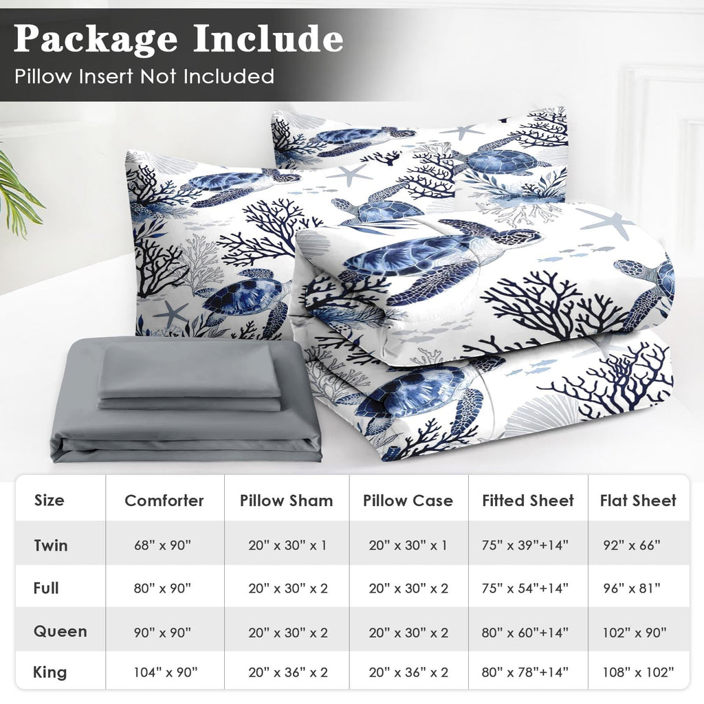 Queen Comforter Set with Sheets, 7 Pieces Turtle Sea Bedding