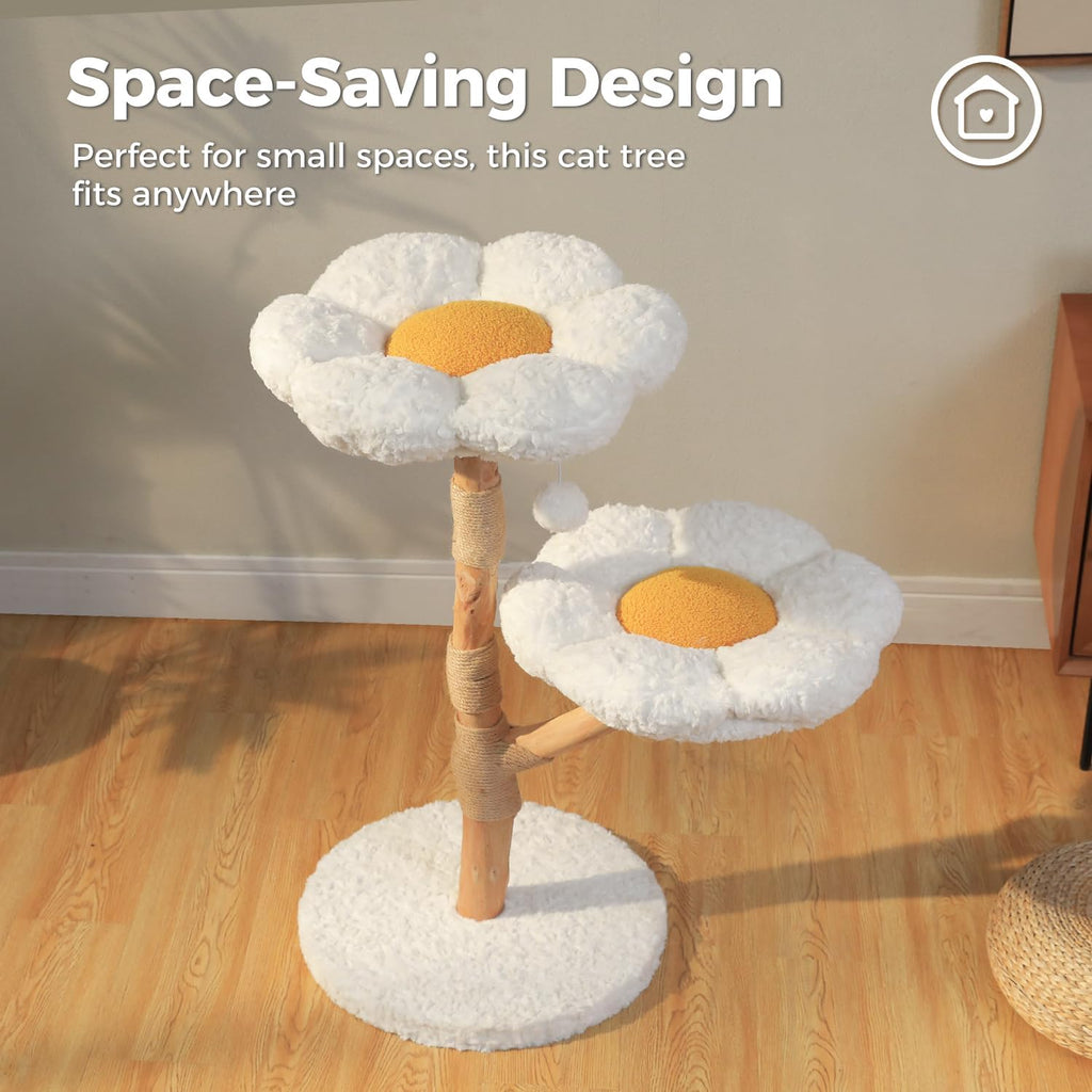 Wood Flower Cat Tree, Modern Cat Tower with Real Wood Branches, Luxury Boho Furniture with Scratching Post and 2
