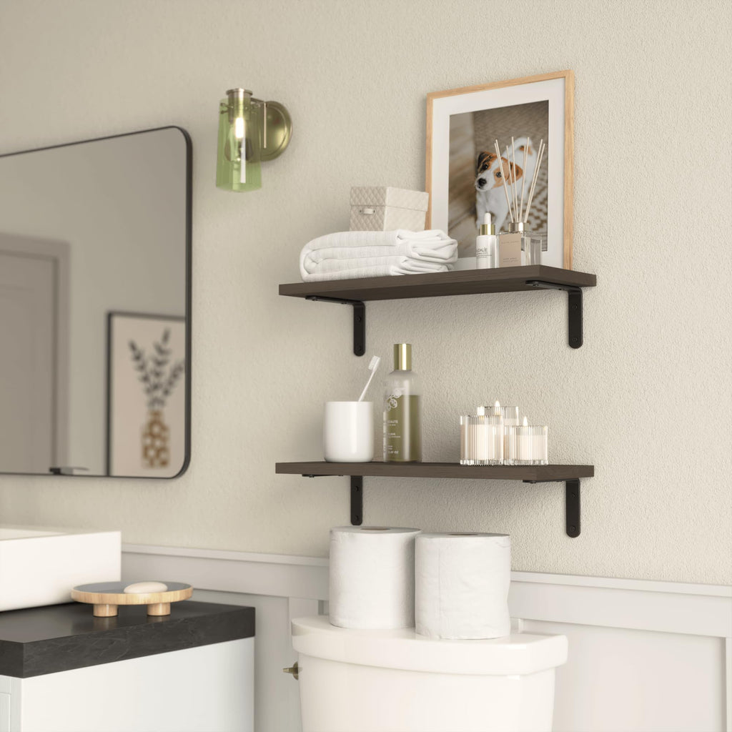 Wood Floating Shelves, 2-Set Wall Mounted Shelves, 16In