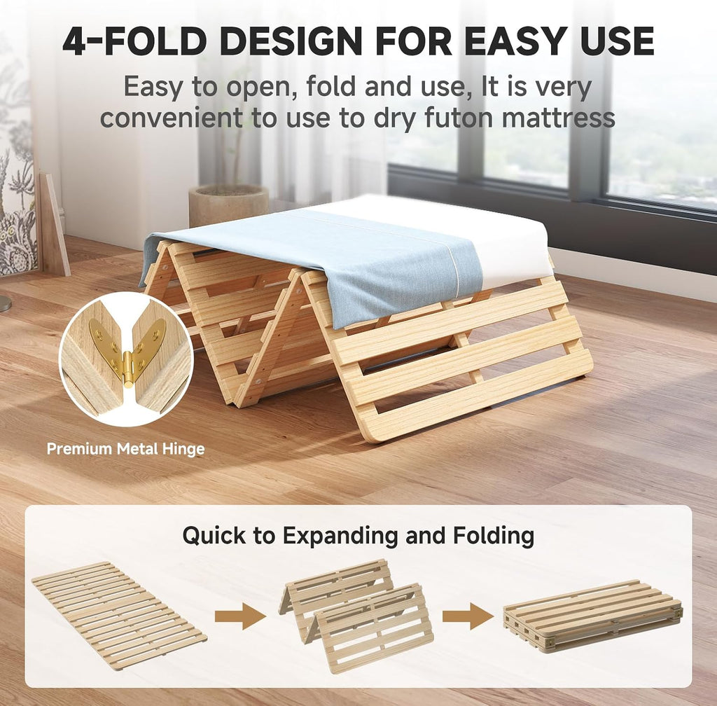 Foldable Floor Bed Frame, Solid Wood Slat Base for Futon Mattress