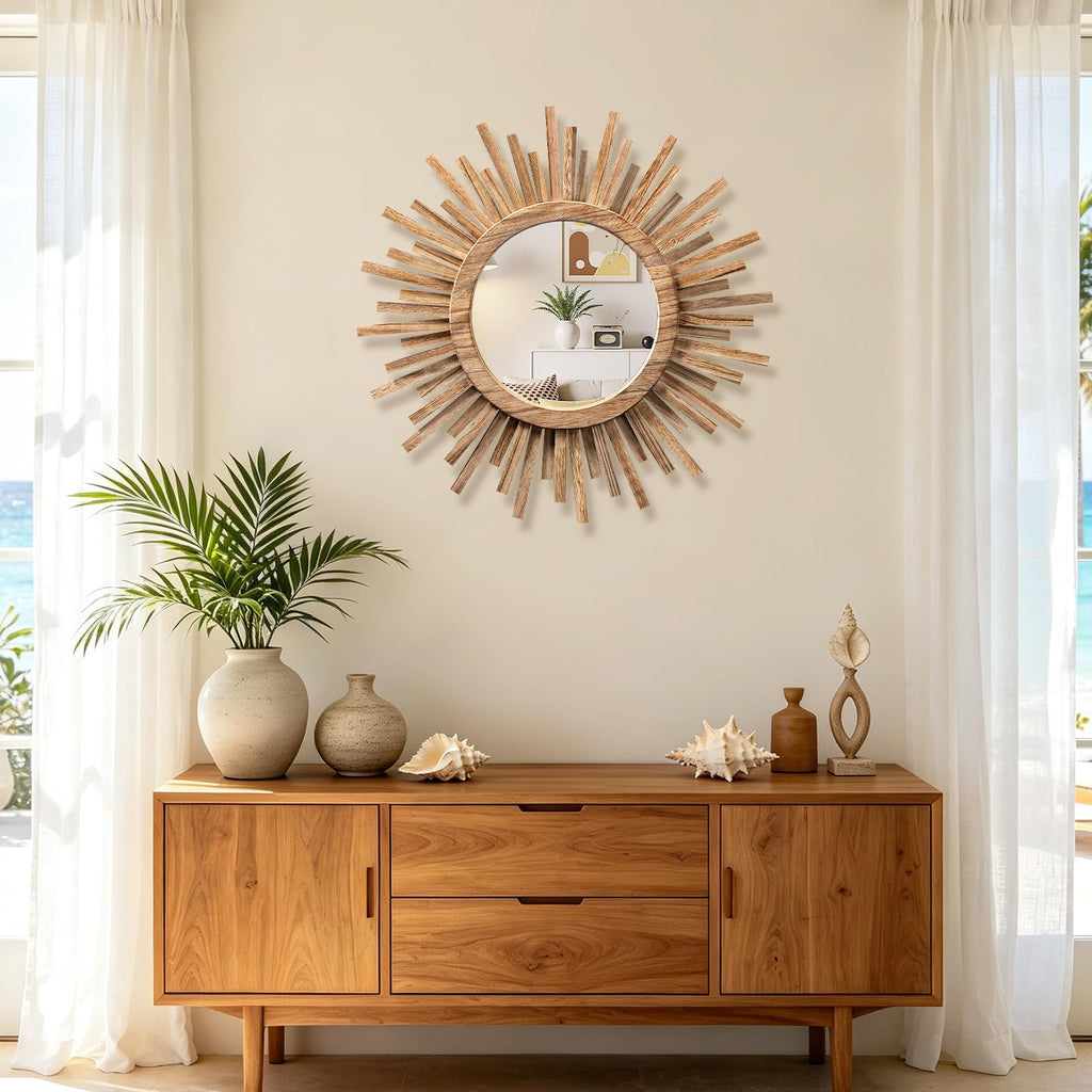 18 Inch Boho Sunburst Mirror, Round Wooden Wall Decor Starburst Sun Mirror, Balcony, Farmhouse Entryway