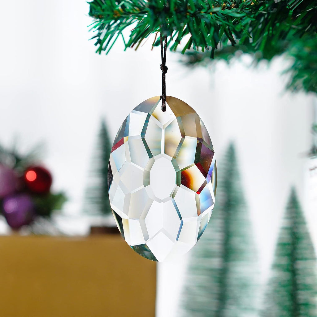 3.5 Inch Oval Crystal Prism Suncatcher, Clear Rainbow Maker - Clear Faceted Crystal Design, Window Hanging Pendant