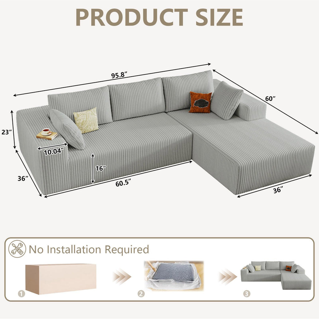 96" Cloud Sectional Couch with L-Shaped Chaise, Modern Corduroy Sectionals Couches with Deep Seat, Boneless Sofa 3