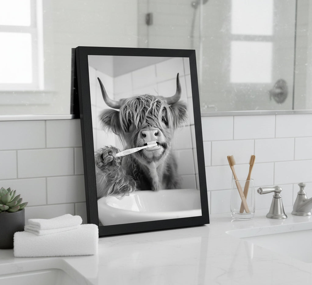 Black Framed-Funny Highland Cow Brushing Teeth Wall Art, Black and White Bathroom Animal Canvas Print, Retro Farmhouse