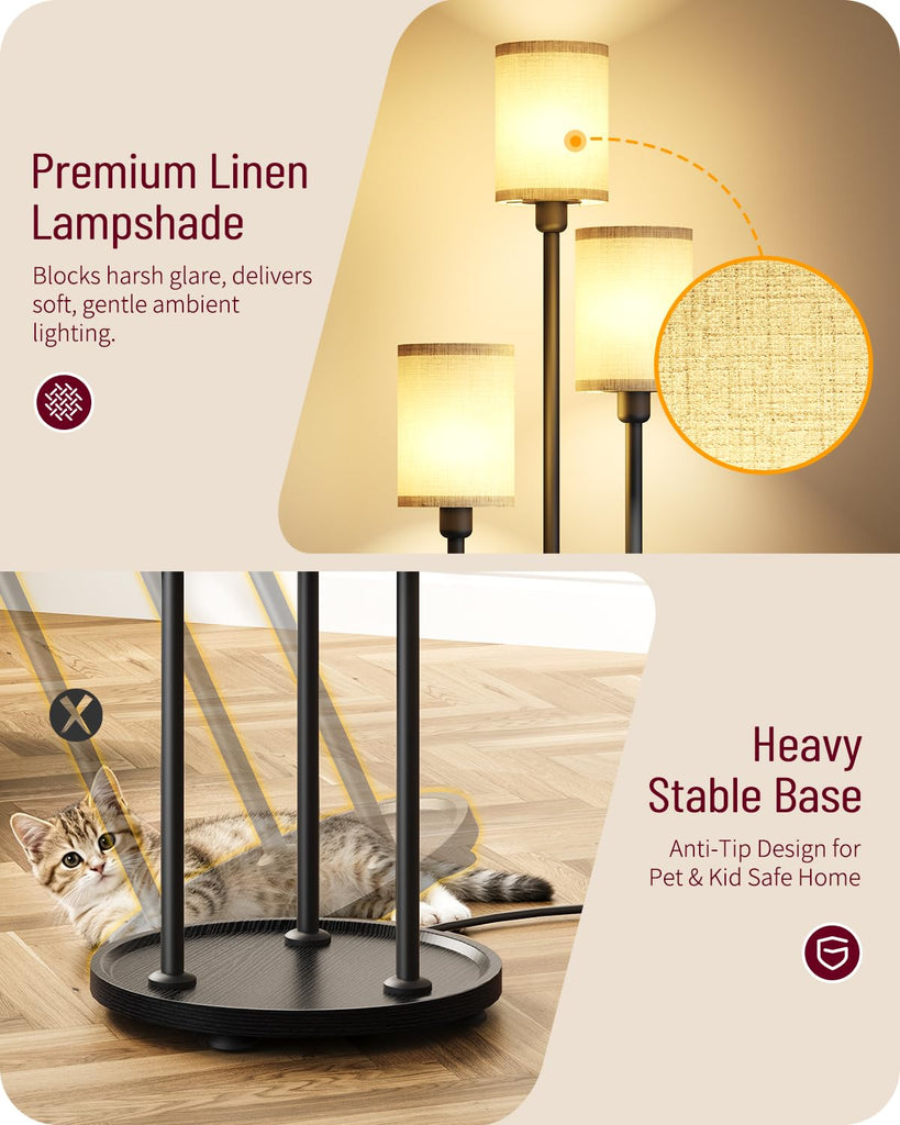 Floor Lamp with Shelves, 3-Light Floor Lamps, Modern Standing Lamp with Linen Shades and Foot Switch, 66.1'' Tall