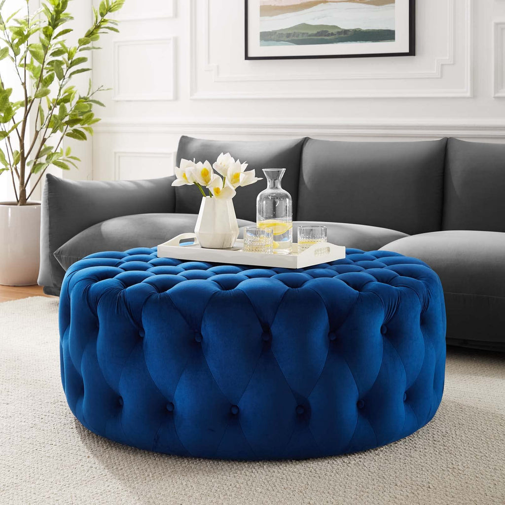 Amour Tufted Button Large Round Performance Velvet Ottoman in Navy