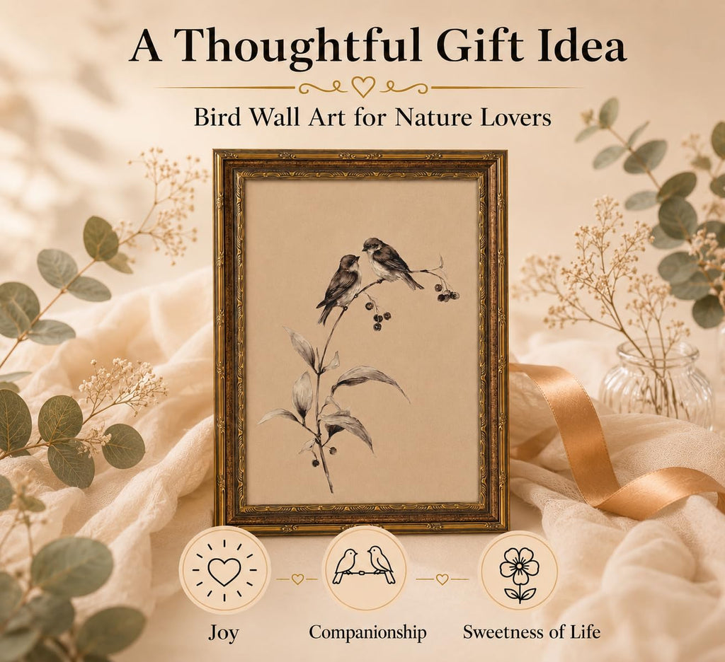 Gold Framed 3D Textured Wall Art, Vintage Sketch Birds on Branch Canvas Prints, Minimalist Love Bird Pictures Decor