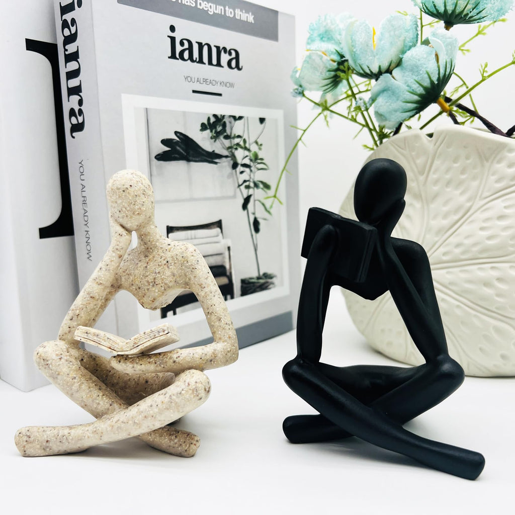 2 Pcs Home Decor Sandstone Reading Thinker Statue Modern Figurines Abstract Aesthetic Sculpture Thinker Statuettes of