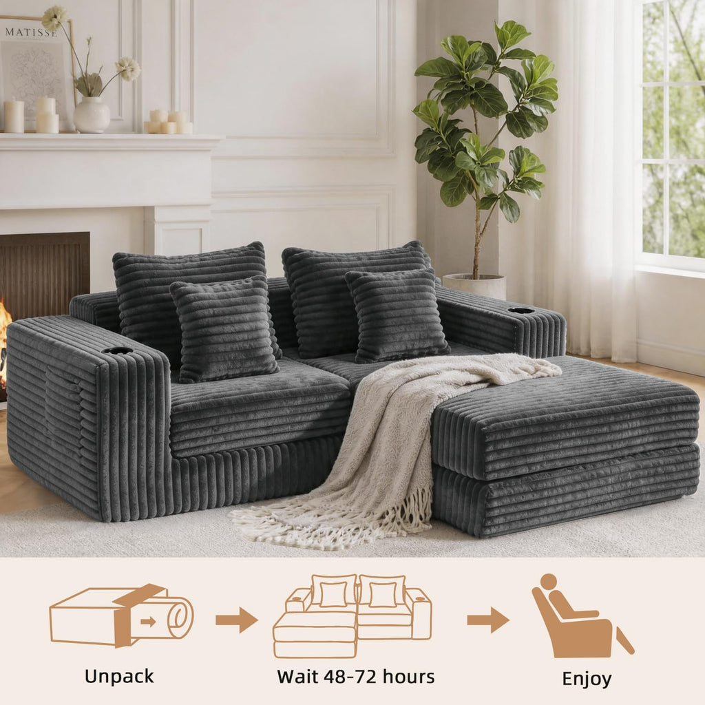 80" Cloud Modular Sectional Sofa, Boneless Corduroy Couch Sofa with Cup Holders & Side Pockets, L-Shaped Couch with