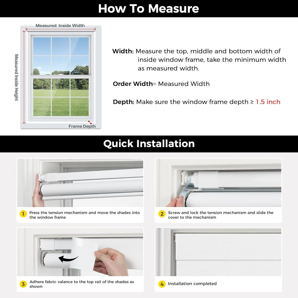 No Tools No Drill Cordless Blackout Roller Shades for Indoor Windows, Easy to Install, Darkens Rooms, Blocks Heat