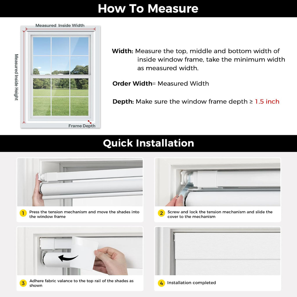 No Tools No Drill Cordless Blackout Roller Shades for Indoor Windows, Easy to Install, Darkens Rooms, Blocks Heat