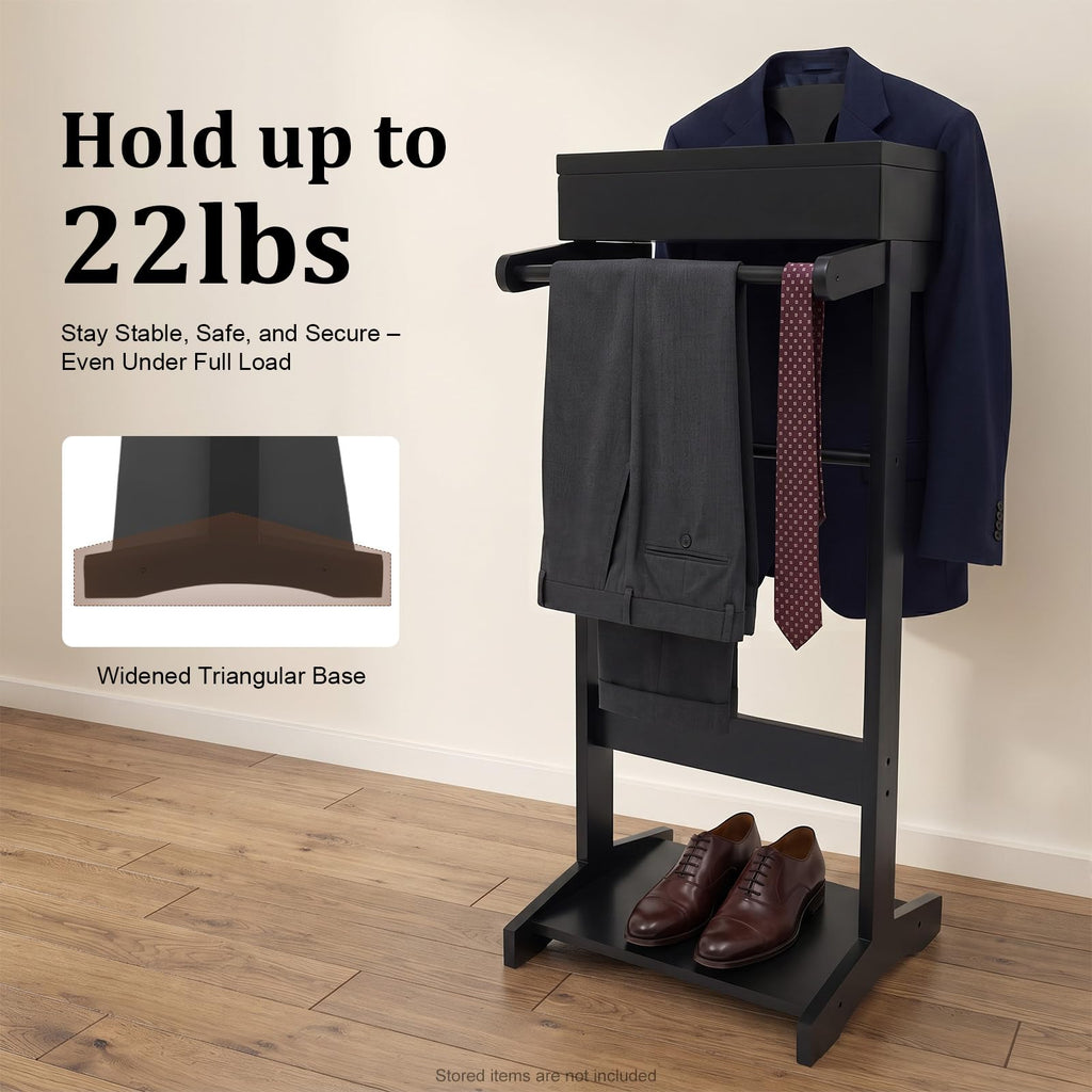 Suit Valet Stand, Wooden Suit Rack for Men and Women, Clothes Valet Stand with Drawer & Trouser Holder, Mens Valet