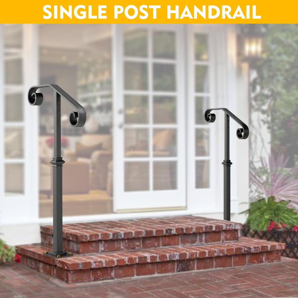 Single Post Handrail, 1 or 2 Steps Handrails for Outdoor Steps, Rust-Proof Wrought Iron Stair Railing for Seniors