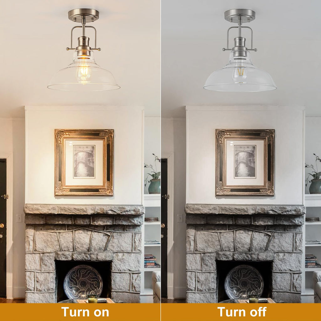 Semi Flush Mount Ceiling Light Fixture, Brushed Nickel Farmhouse Light Fixtures with Clear Glass Shade, Modern