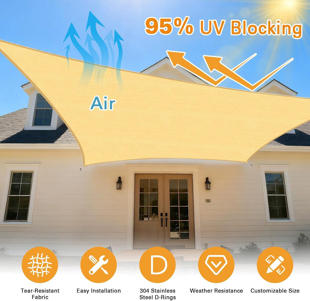 Sun Shade Sail, 13'X17' Sand Rectangle Curved Edged Sun Shade, Commercial Grade 185GSM HDPE UV Permeable Outdoor