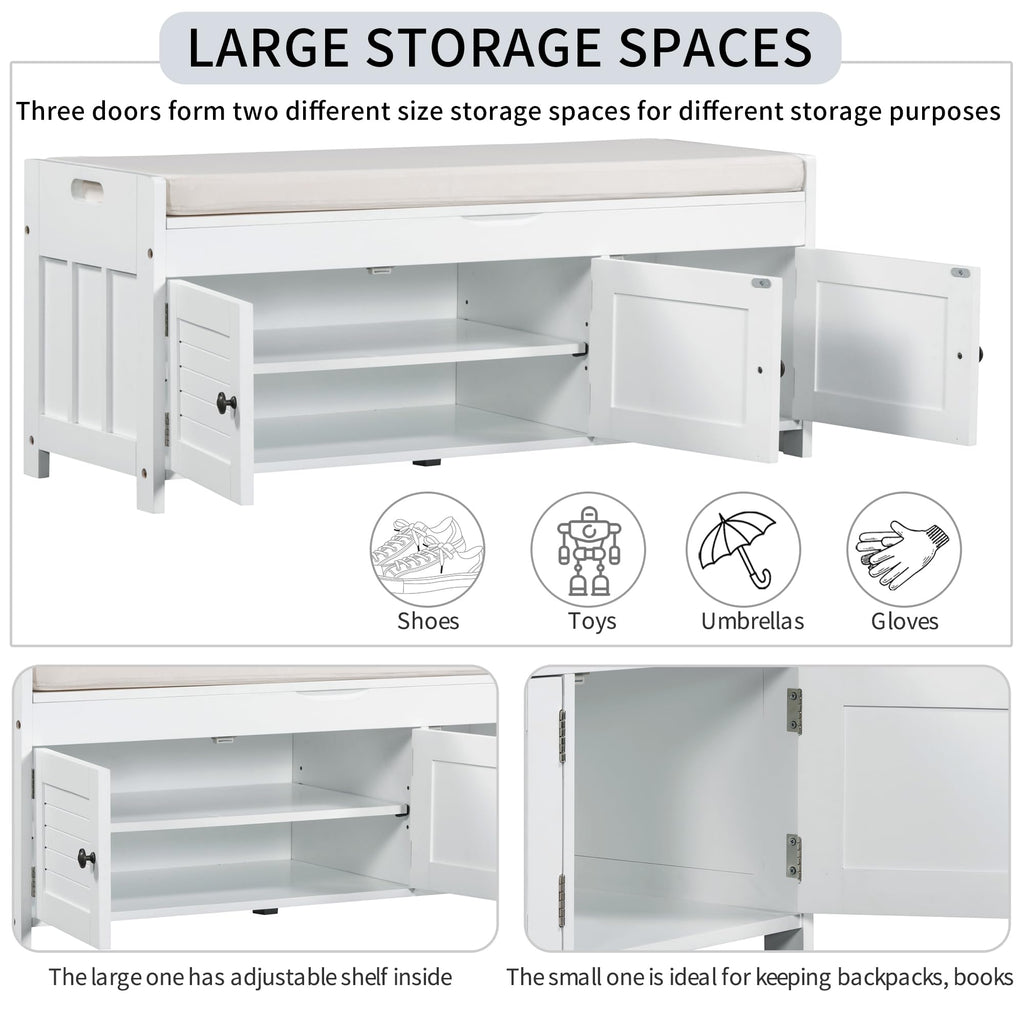 Upholstered Storage Ottoman with Removable Cushion, Wooden Entryway Bench with 3 Shutter-Shaped Doors and Hidden