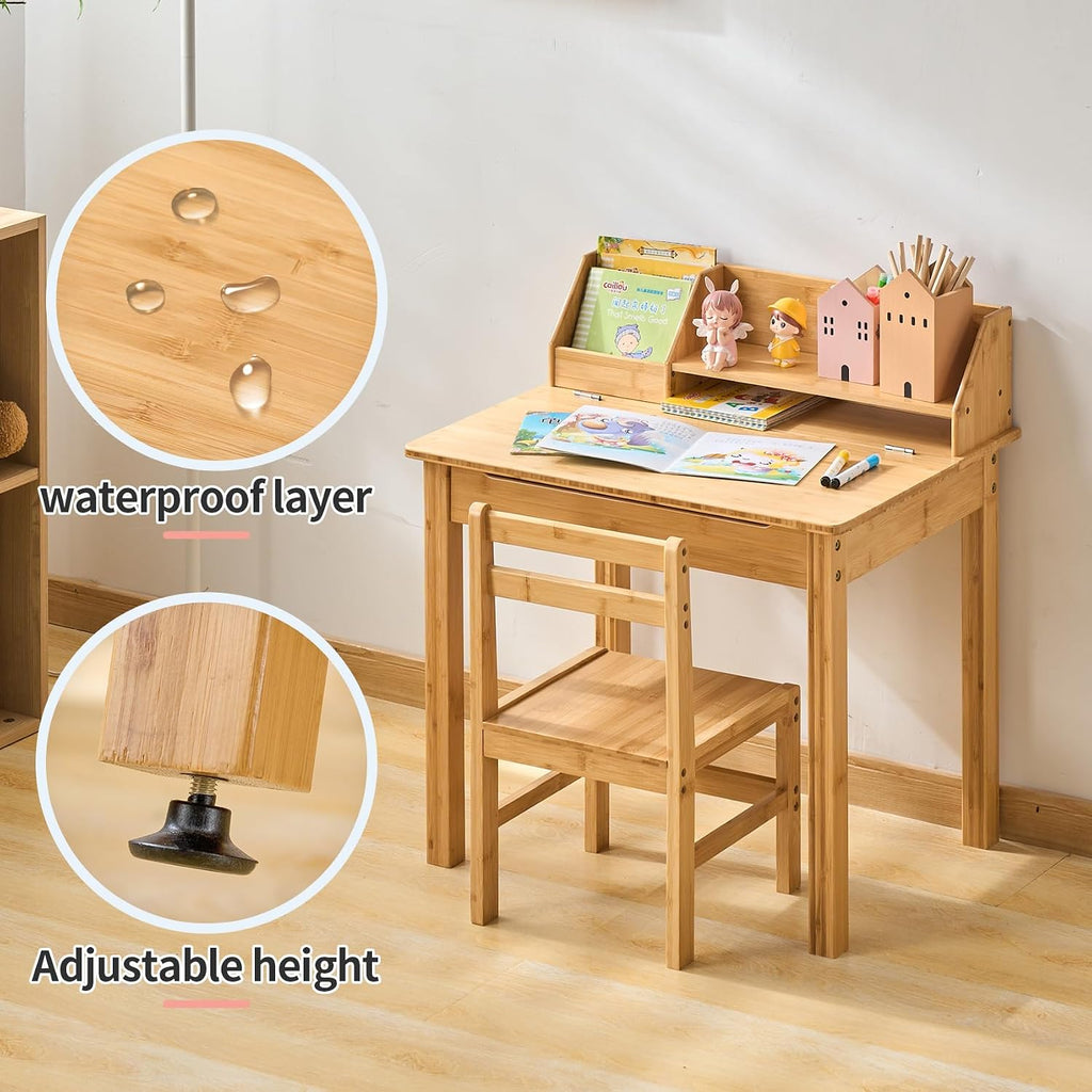 Bamboo Toddler Desk and Chair Set with Lift-Top Storage, Kids Study Table with Hutch and Bookshelf, Writing Reading