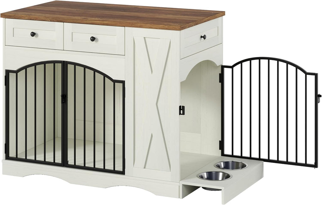 Dog Crate Furniture, Wooden Dog Kennel with 3 Drawers, Beige