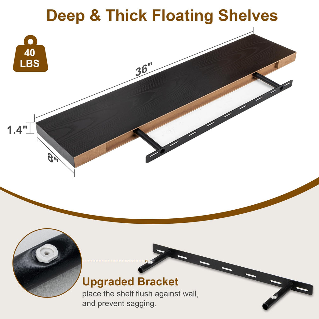 Black Floating Shelves 36 Inch Long, 8 Inch Deep Floating Shelf for Wall, 36" W x 8" D Wall Shelves Set of 2, Black
