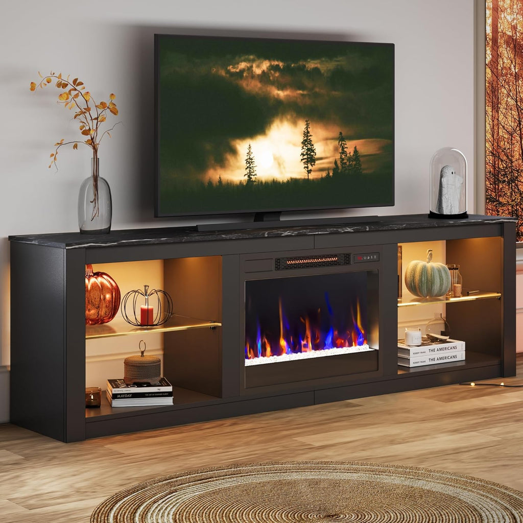 63 Inch Modern Fireplace TV Stand for TVs up to 70", LED Entertainment Center with 18" Electric Fireplace Media
