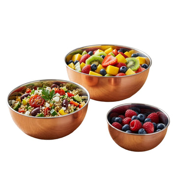 Copper Mixing Bowls - 3 Piece Bowl Set for Cooking, Baking, Serving, and Prepping - Copper Stainless Steel Mixing