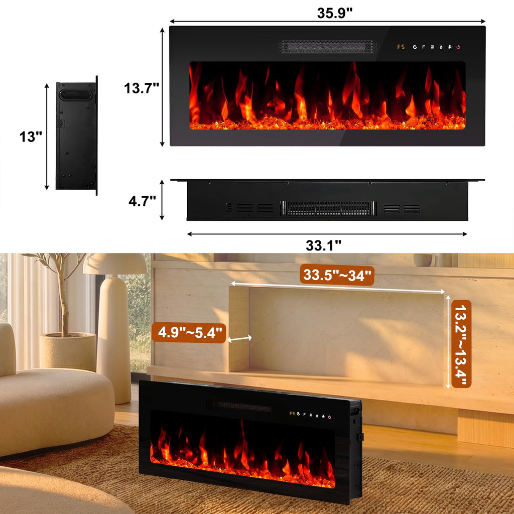 36 Inch Electric Fireplace Insert, Wall Mount Recessed with Remote