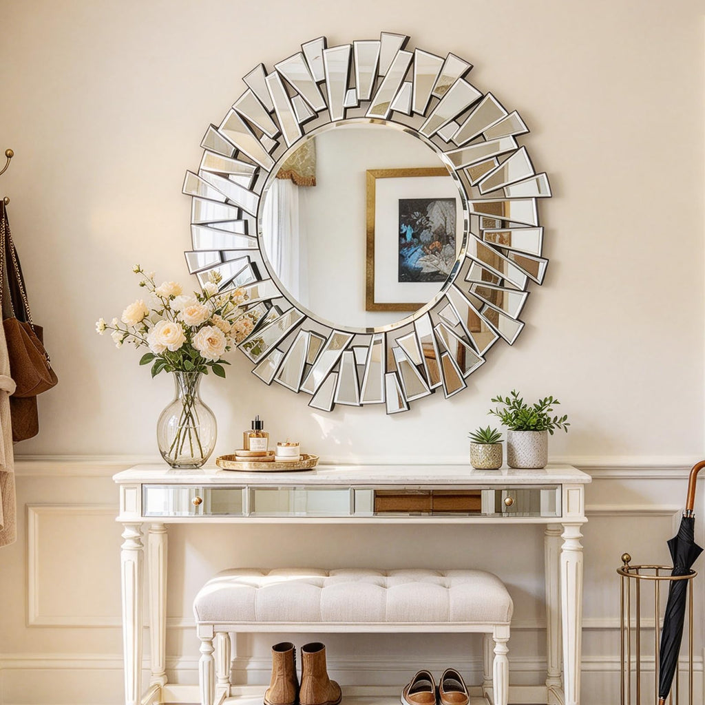 40" Large Living Room Mirror for Decor, Big Round Wall Mirror with Irregular Glass Frame, Vertically Hang